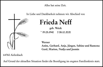 Traueranzeige von Frieda Neff von vrm-trauer