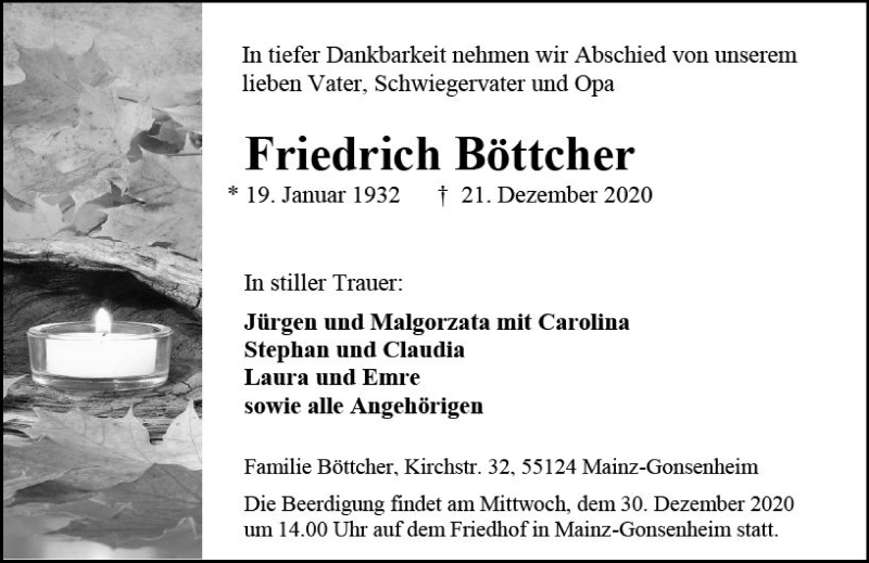  Traueranzeige für Friedrich Böttcher vom 28.12.2020 aus vrm-trauer