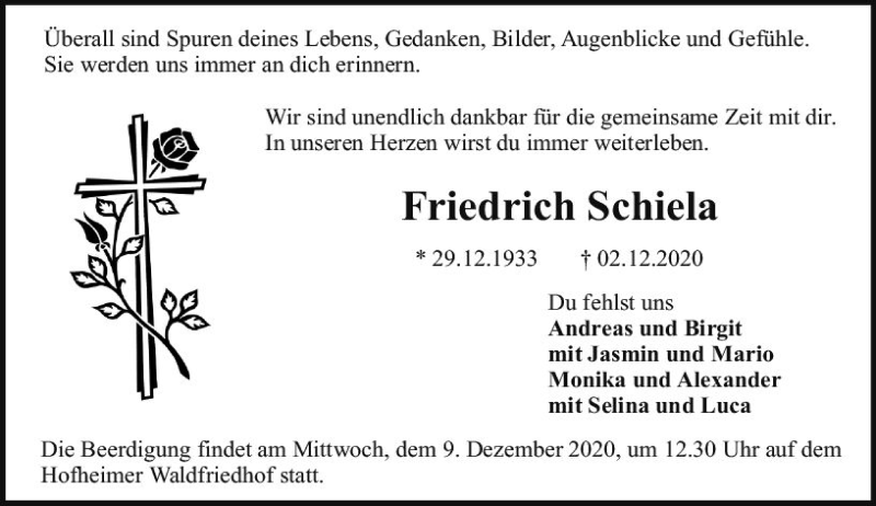  Traueranzeige für Friedrich Schiela vom 08.12.2020 aus vrm-trauer