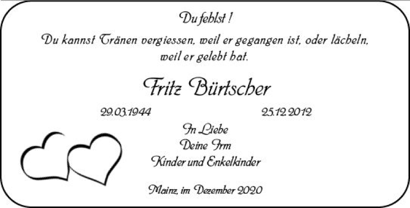  Traueranzeige für Fritz Bürtscher vom 19.12.2020 aus vrm-trauer