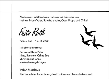 Traueranzeige von Fritz Roth von vrm-trauer