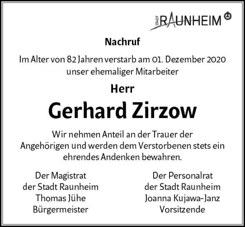  Traueranzeige für Gerhard Zirzow vom 05.12.2020 aus vrm-trauer