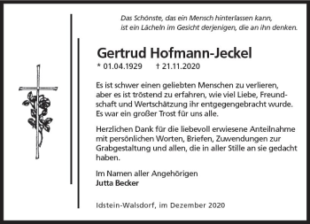 Traueranzeige von Gertrud Hofmann-Jeckel von vrm-trauer