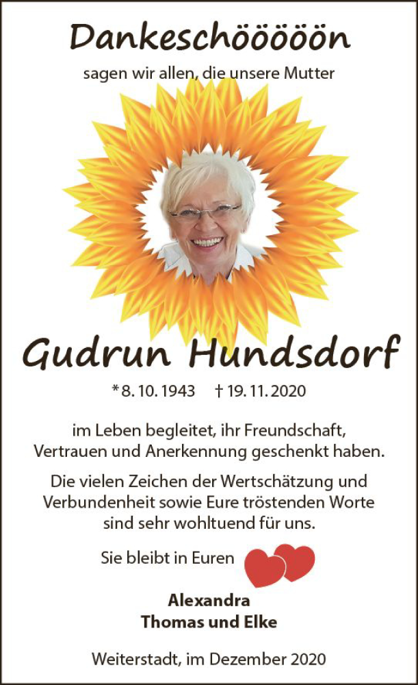  Traueranzeige für Gudrun Hundsdorf vom 12.12.2020 aus vrm-trauer