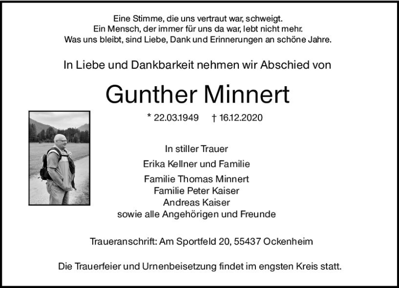  Traueranzeige für Gunther Minnert vom 23.12.2020 aus vrm-trauer
