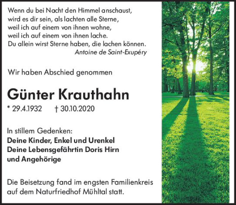  Traueranzeige für Günter Krauthahn vom 05.12.2020 aus vrm-trauer