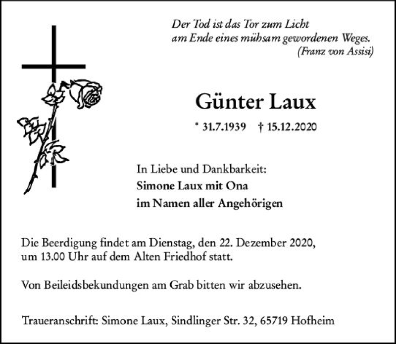  Traueranzeige für Günter Laux vom 18.12.2020 aus vrm-trauer