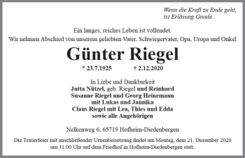 Traueranzeige von Günter Riegel von vrm-trauer