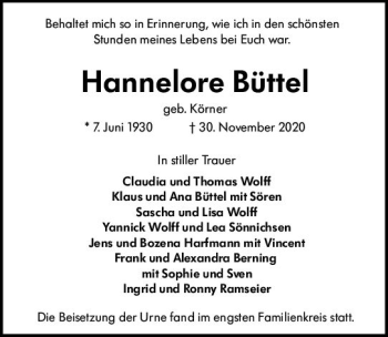 Traueranzeige von Hannelore Büttel von vrm-trauer
