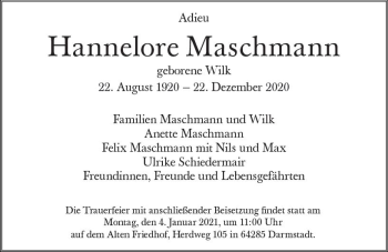 Traueranzeige von Hannelore Maschmann von vrm-trauer