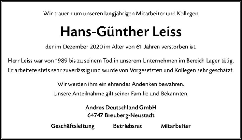  Traueranzeige für Hans-Günther Leiss vom 23.12.2020 aus vrm-trauer
