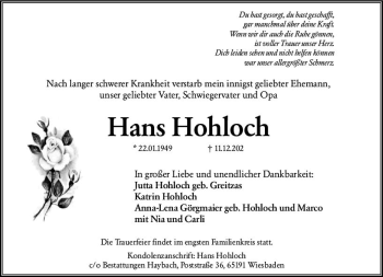 Traueranzeige von Hans Hohloch von vrm-trauer