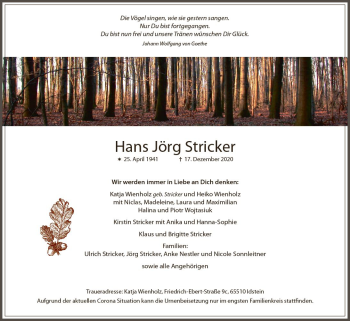 Traueranzeige von Hans-Jörg Stricker von vrm-trauer