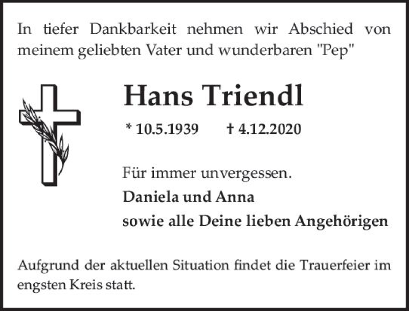  Traueranzeige für Hans Triendl vom 15.12.2020 aus vrm-trauer