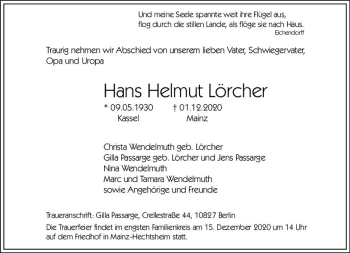 Traueranzeige von Hans Helmut Lörcher von vrm-trauer