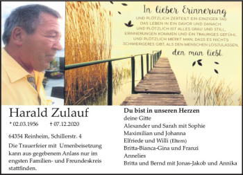Traueranzeige von Harald Zulauf von vrm-trauer