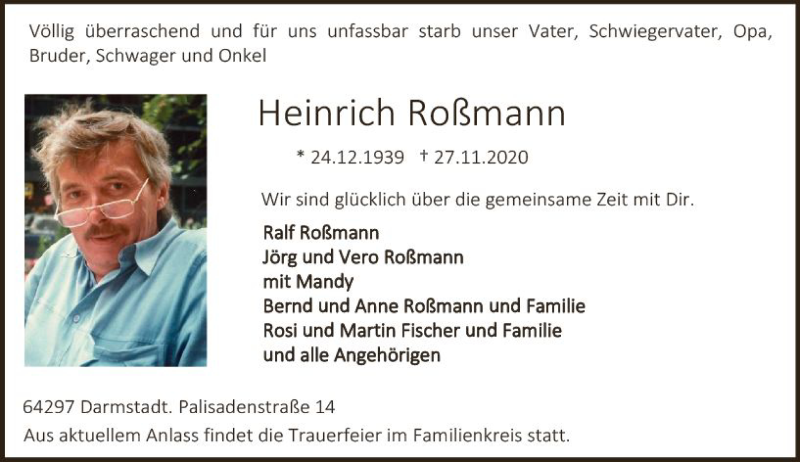  Traueranzeige für Heinrich Roßmann vom 05.12.2020 aus vrm-trauer