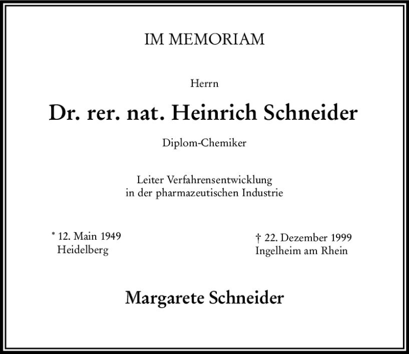  Traueranzeige für Heinrich Schneider vom 22.12.2020 aus vrm-trauer