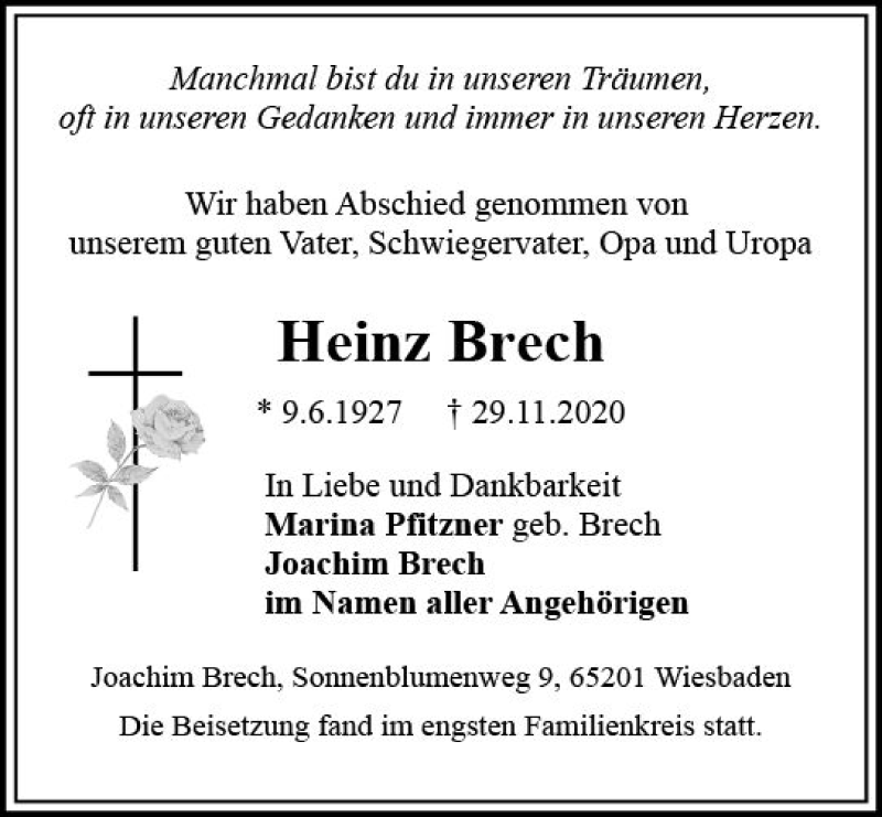  Traueranzeige für Heinz Brech vom 19.12.2020 aus vrm-trauer