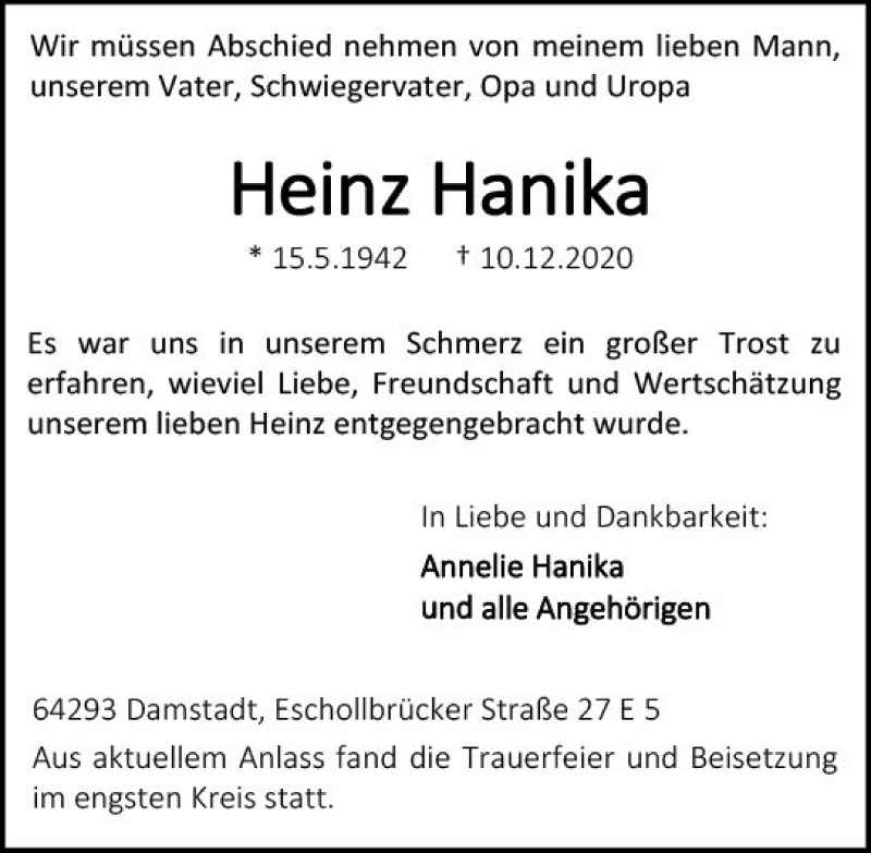  Traueranzeige für Heinz Hanika vom 19.12.2020 aus vrm-trauer