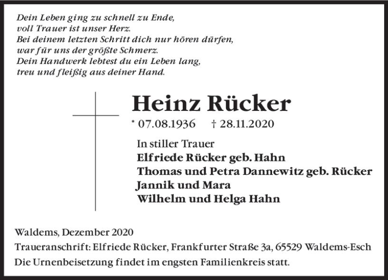  Traueranzeige für Heinz Rücker vom 12.12.2020 aus vrm-trauer