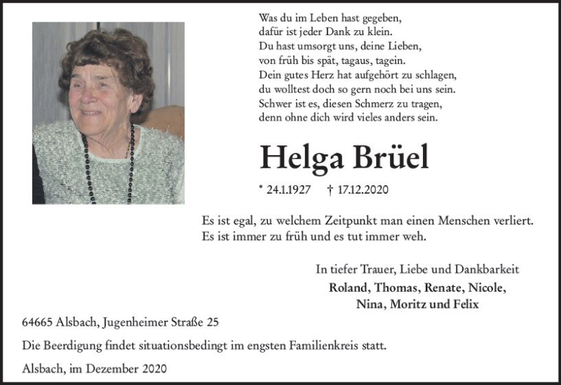  Traueranzeige für Helga Brüel vom 22.12.2020 aus vrm-trauer