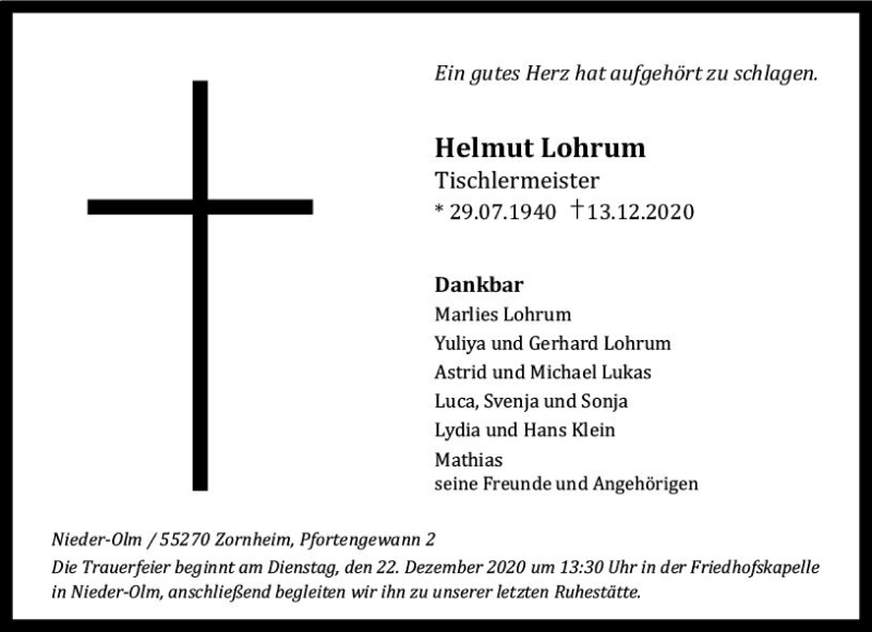  Traueranzeige für Helmut Lohrum vom 16.12.2020 aus vrm-trauer