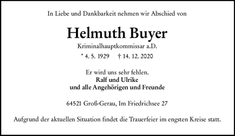  Traueranzeige für Helmuth Buyer vom 19.12.2020 aus vrm-trauer