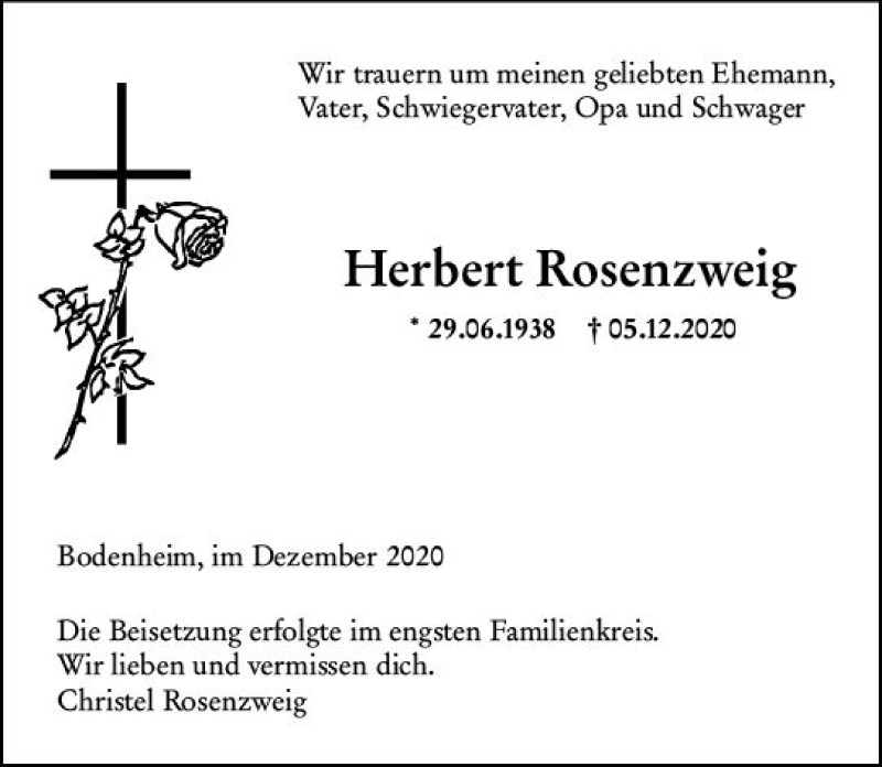  Traueranzeige für Herbert Rosenzweig vom 19.12.2020 aus vrm-trauer