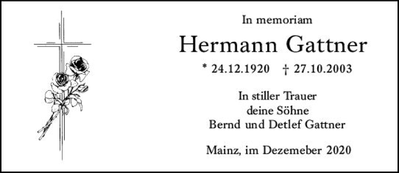 Traueranzeige für Hermann Gattner vom 24.12.2020 aus vrm-trauer