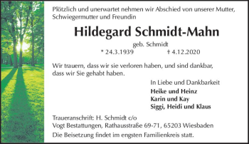 Traueranzeige von Hildegard Schmidt-Mahn von vrm-trauer