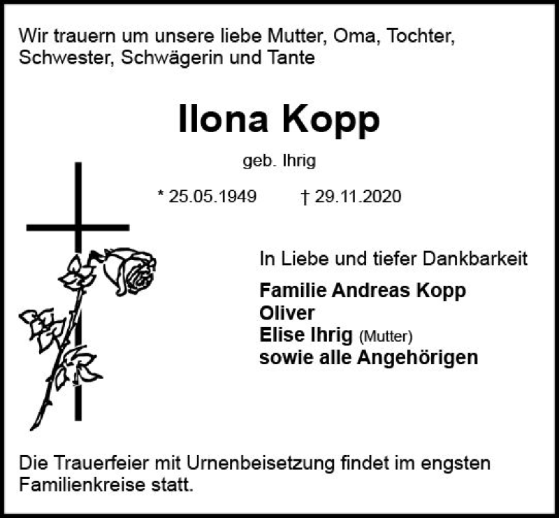  Traueranzeige für Ilona Kopp vom 05.12.2020 aus vrm-trauer