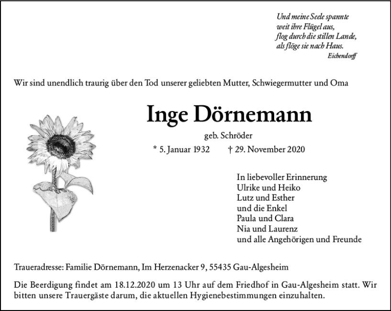  Traueranzeige für Inge Dörnemann vom 05.12.2020 aus vrm-trauer