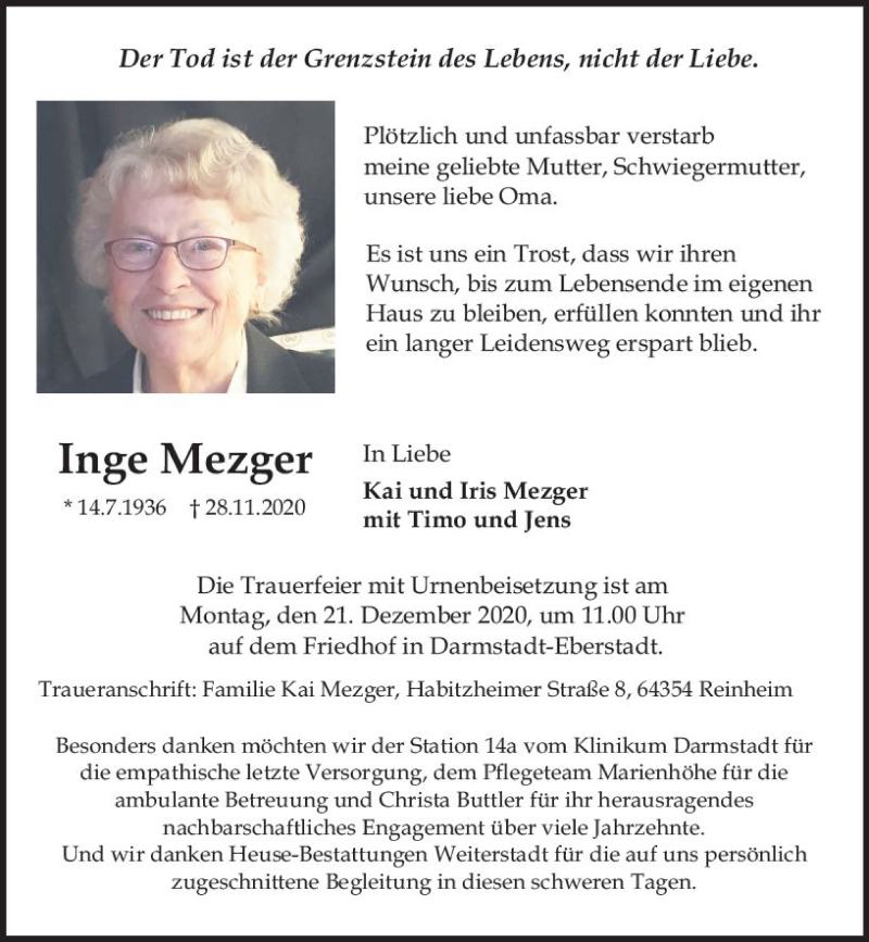  Traueranzeige für Inge Mezger vom 12.12.2020 aus vrm-trauer