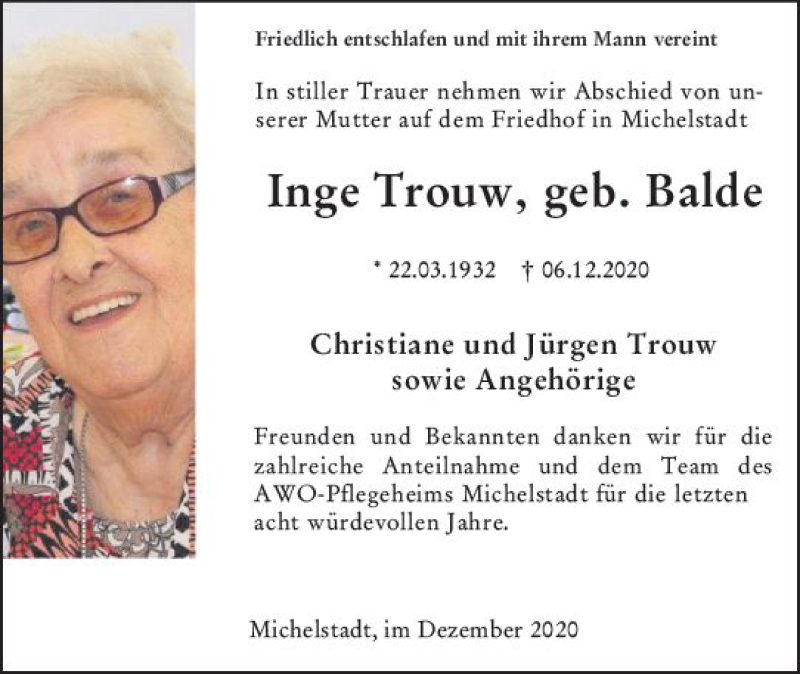  Traueranzeige für Inge Trouw vom 19.12.2020 aus vrm-trauer