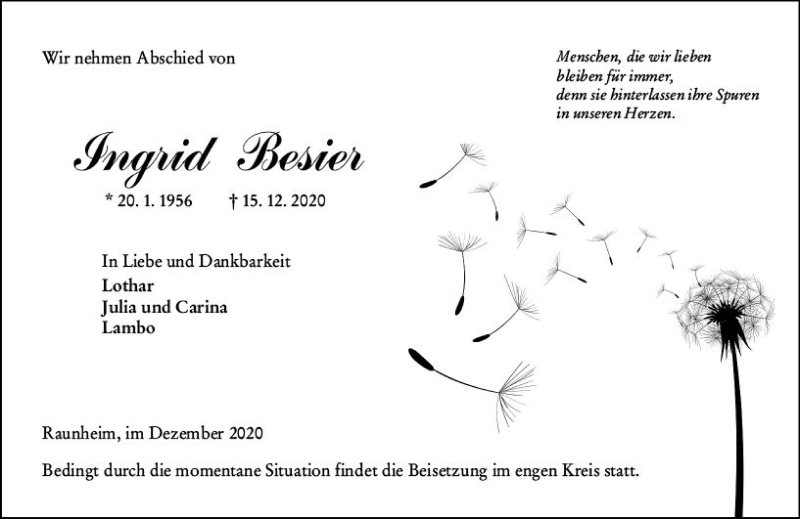  Traueranzeige für Ingrid Besier vom 19.12.2020 aus vrm-trauer