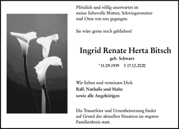 Traueranzeige von Ingrid Renate Herta Bitsch von vrm-trauer
