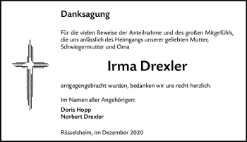 Traueranzeige von Irma Drexler von vrm-trauer
