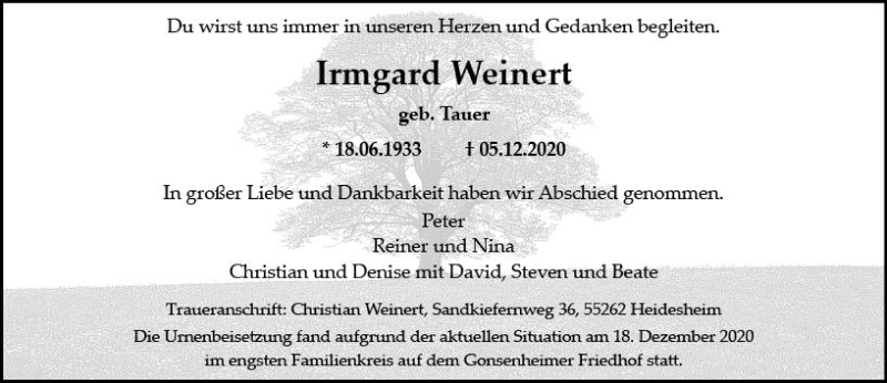  Traueranzeige für Irmgard Weinert vom 19.12.2020 aus vrm-trauer