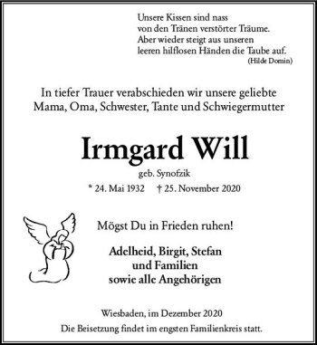 Traueranzeige von Irmgard Will von vrm-trauer