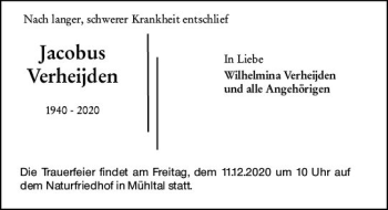 Traueranzeige von Jacobus Verheijden von vrm-trauer