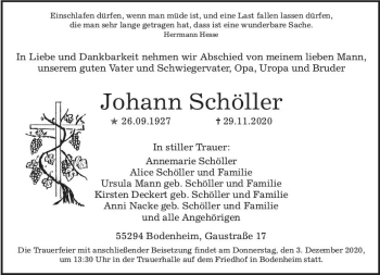 Traueranzeige von Johann Schöller von vrm-trauer