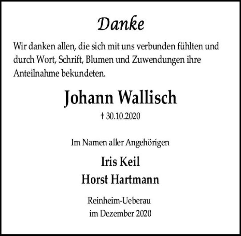  Traueranzeige für Johann Wallisch vom 05.12.2020 aus vrm-trauer