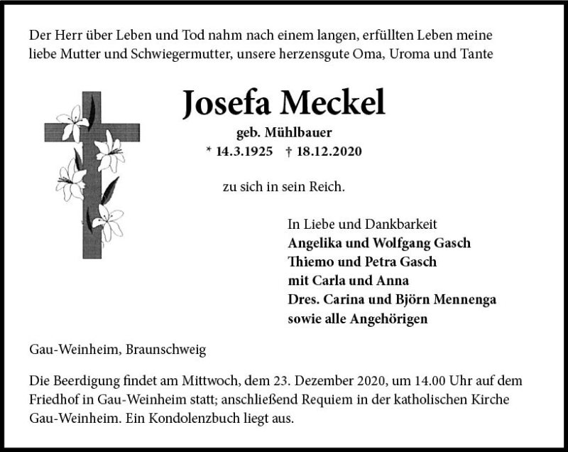  Traueranzeige für Josefa Meckel vom 21.12.2020 aus vrm-trauer
