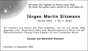 Traueranzeige von Jürgen Martin Sitzmann von vrm-trauer