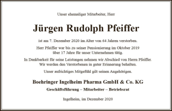 Traueranzeige von Jürgen Rudolph Pfeiffer von vrm-trauer