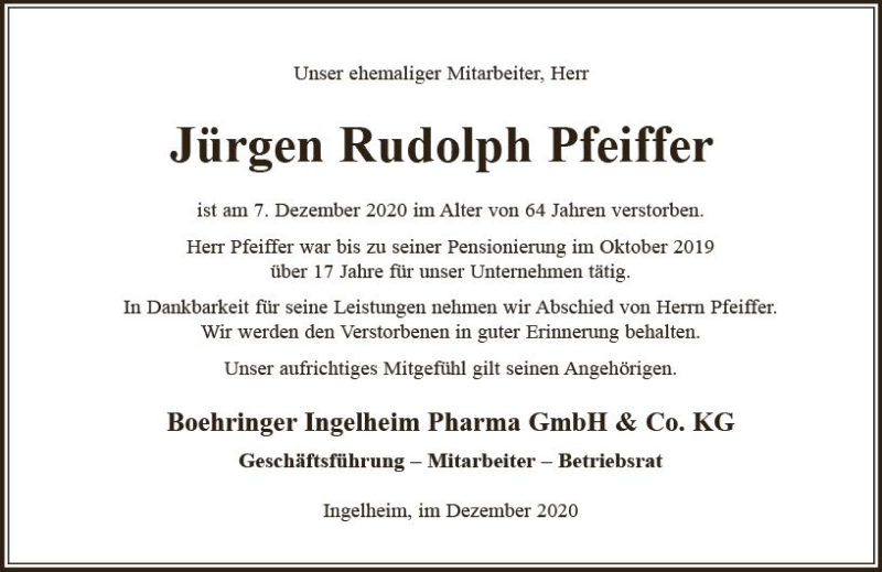  Traueranzeige für Jürgen Rudolph Pfeiffer vom 23.12.2020 aus vrm-trauer