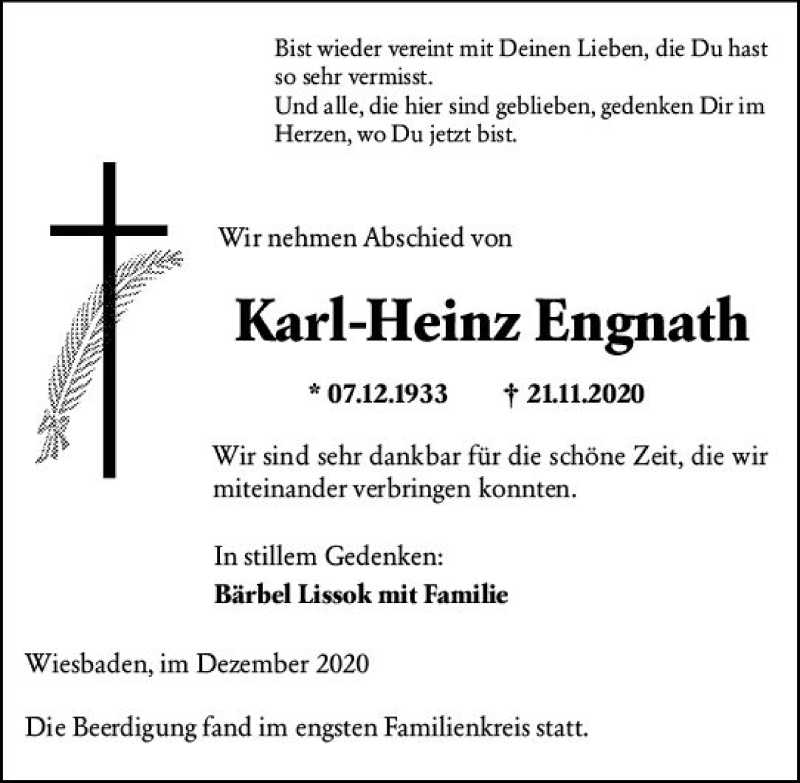  Traueranzeige für Karl-Heinz Engnath vom 19.12.2020 aus vrm-trauer