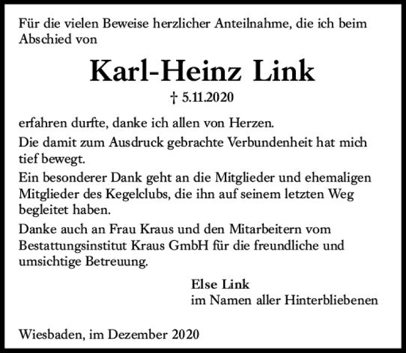  Traueranzeige für Karl-Heinz Link vom 05.12.2020 aus vrm-trauer