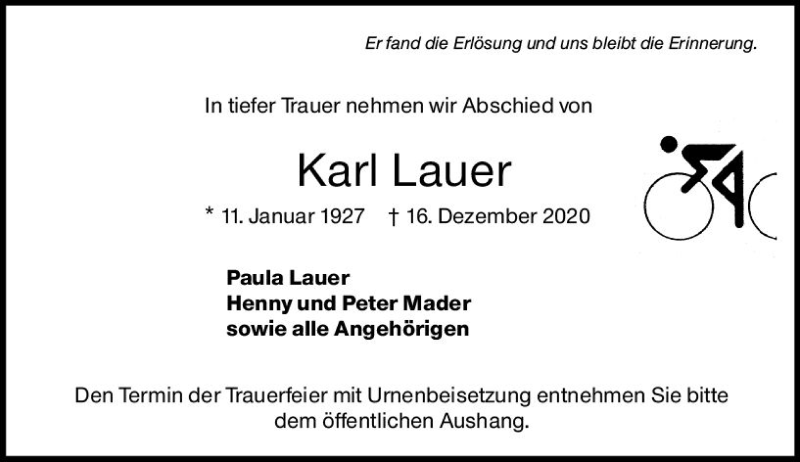 Traueranzeige für Karl Lauer vom 18.12.2020 aus vrm-trauer